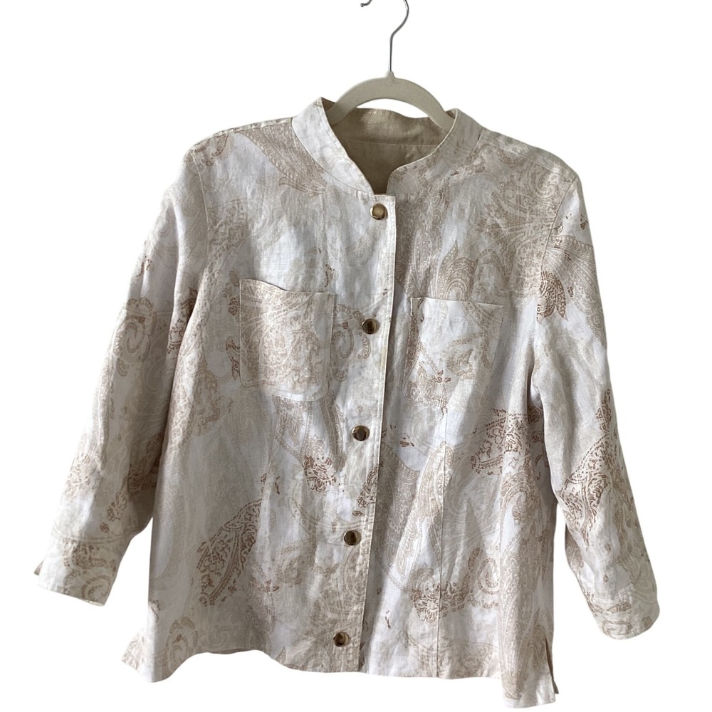 Paisley Linen Blend Button‎ Down Shirt Jacket Cream Beige Elegant Womenswear